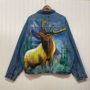 Hand Painted Denim Jacket Elk In Wildlife Scene Luna Pier Long Sleeve Coat Sz L